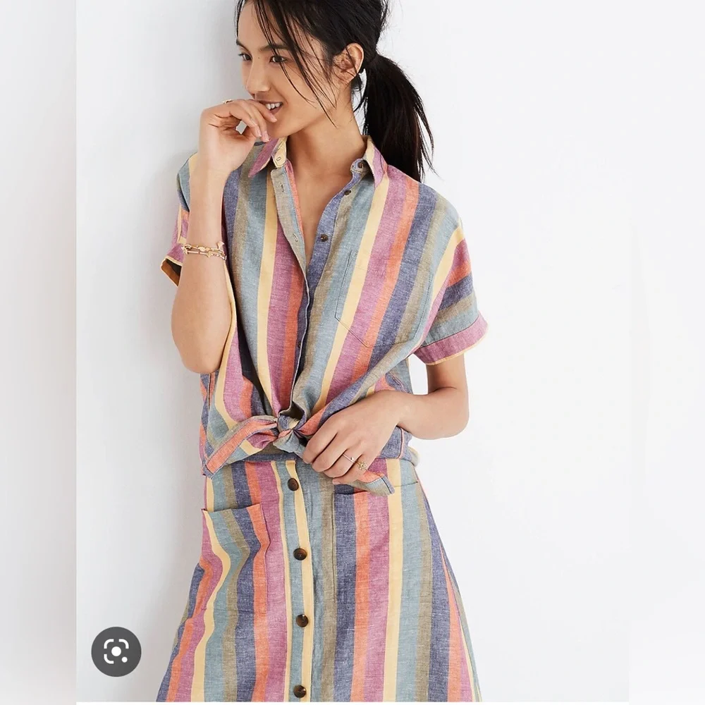 Madewell Short Sleeve Tie Front Rainbow Striped Button Up Shirt Small - Picture 1 of 8